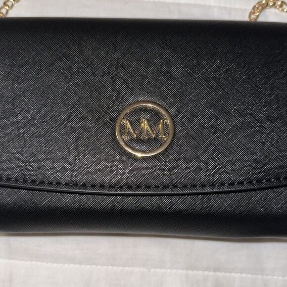 MM Black Gold Tone Hardware Red Lined Crossbody Bag Purse - Picture 8 of 11